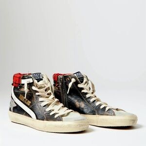 Golden Goose Slide Classic Distressed Leather Sneaker with Tartan Patches